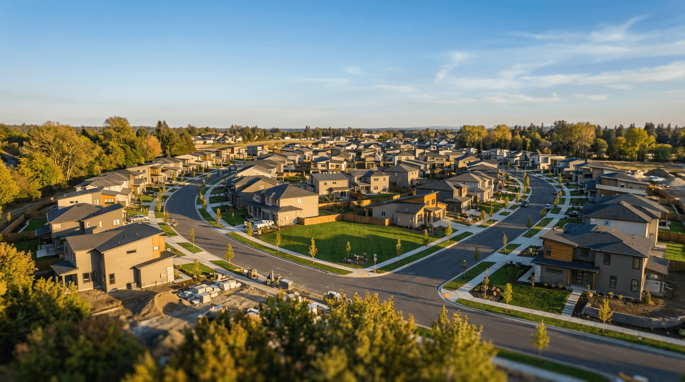 Aerial view of a residential construction site with a partially framed house, captured from a drone directly overhead.