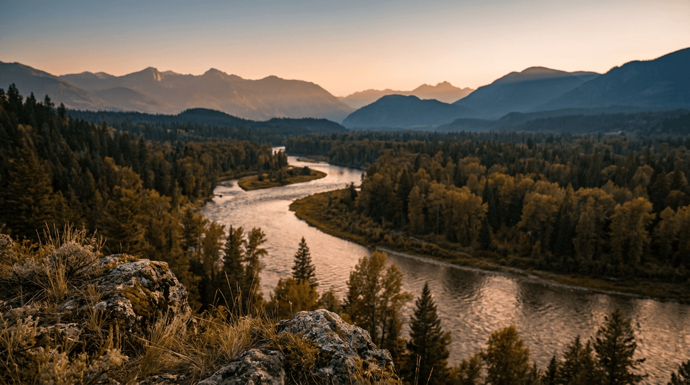 Vertical aerial view of a misty river winding through the Fraser Valley at dawn, captured from a drone.