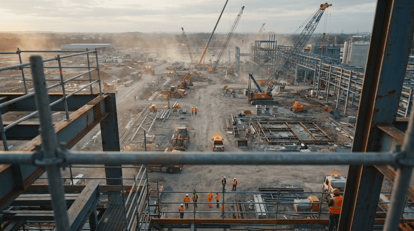 Aerial wide-angle view of active construction site with cranes and equipment under soft overcast light.