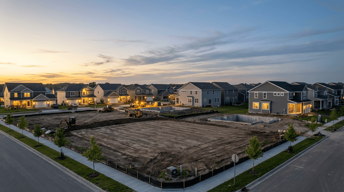 Aerial progress shot of a new home construction site in Maple Ridge